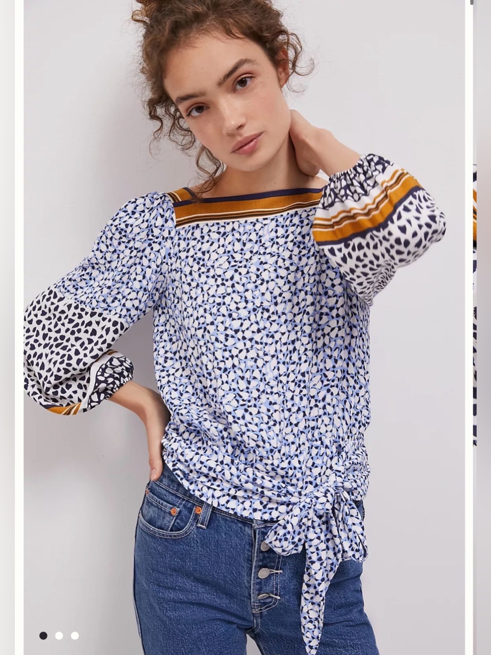 Anthropologie Blue and White Patterned Tie-Hem Blouse with Mustard Trim